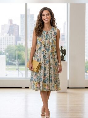 DR2 Womens L Floral Sleeveless Round Neck Lined Front Pleats Flowy Dress